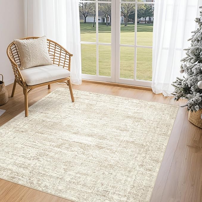 UERMEI Square Area Rugs : Washable 5x5 Neutral Modern Abstract Carpet for Living Room Bedroom - Soft Floor Mat with Non Slip Backing for Kitchen Nursery Dorms Farmhouse Home Decor - Beige/Brown