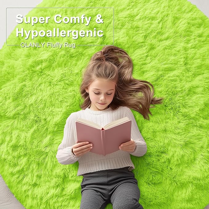 OLANLY Lime Green Round Rugs for Bedroom - Machine Washable, 2 ft Circle Area Rugs for Living Room, Soft and Fluffy Shaggy Carpet for Teen Girl and Boys, Nursery Rooms, Dorms, Home Decor Aesthetic