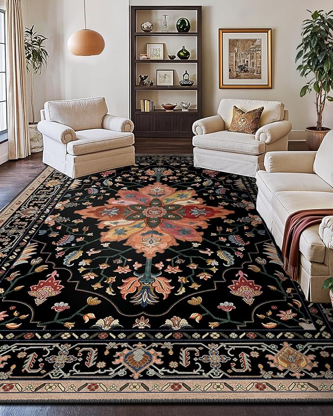 Area Rugs 10'x14' Washable Non-Slip, Floral Vintage Distress Print Pattern Medallion Carpet for Living Room Bedroom Dining Room, Black Colorful Floral Dark Tan