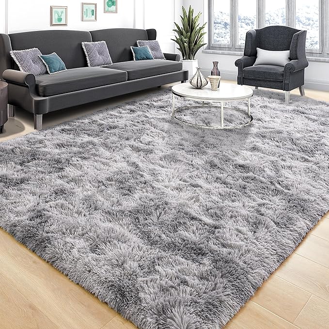 Tepook Fluffy Large Rugs for Living Room, Area Rug 6x9 Soft Carpet for Bedroom, Modern Shaggy Rug for Kids Boys Girls, Plush Indoor Nursery Home Decor Rug with Non-Slip Bottom, Tie-dye Light Grey