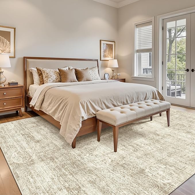 Madane 9x12 Area Rugs for Living Room, Soft Vintage Beige Area Rug with Non Slip Backing, Washable Non-Shedding Low Pile Large Print Floor Carpet for Home Office Decor