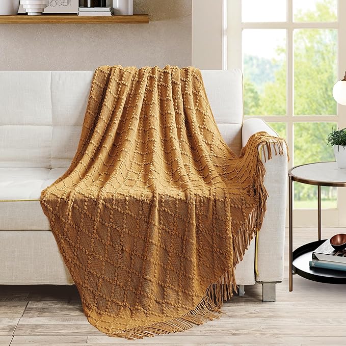 BOURINA Almond Throw Blanket 50 x70 Inches Jacquard Argyle Throw Textured Solid Soft Throws and Blankets for Sofa or Bed Knitted Decorative Blanket
