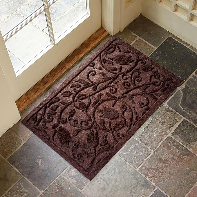 ViveNest Boho Coffee Brown Floral Leaves Outdoor Indoor Entrance Doormats, Absorbent Durable Heavy Duty Welcome Front Door Mat,Thick Natural Rubber Back,Easy Clean Entryway Mat 17x30 Inch, Low Profile