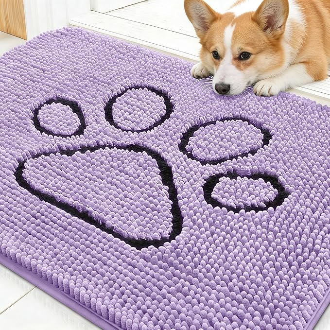 OLANLY Dog Door Mat for Muddy Paws 30x20, Paw Print Design, Absorbs Moisture and Dirt, Absorbent Non-Slip Washable Doormat, Quick Dry Chenille Mud Mat for Dogs, Entry Indoor Entryway Carpet, Lavender