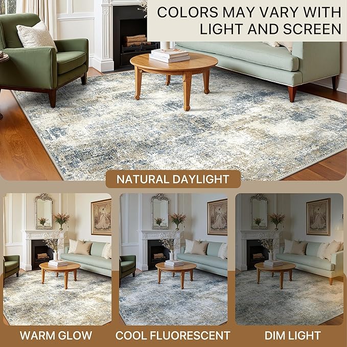 Area Rugs 6x9 for Living Room Bedroom, Modern Abstract Machine Washable Rug, Large Soft Low Pile Floor Carpet with Non Slip Backing for Dining Room, Blue Mist