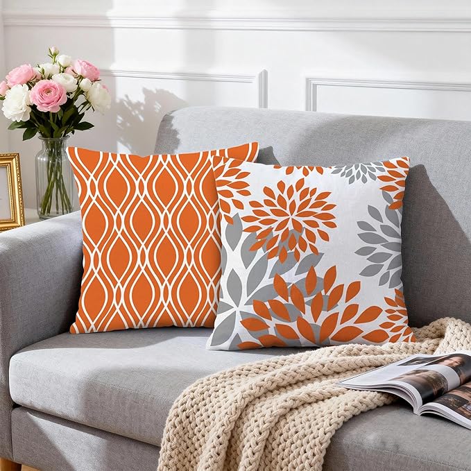 Hexagram Geometric Orange Pillow Covers 18x18 Set of 4, Decorative Outdoor Boho Modern Throw Pillow Covers, Home Sweet Home Farmhouse Cushion Case for Couch Sofa Bedroom Indoor Decor(No Insert)