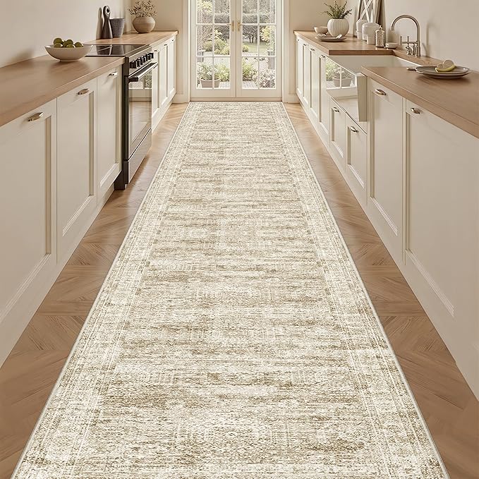 3x20 Washable Runner Rug for Hallway, Non-Slip Long Hallway Runner for Entryway, Soft Vintage Kitchen Mats for Floor, Abstract Dining Room, Bedroom, Living Room Rugs(3'x20', Brown/Ivory)