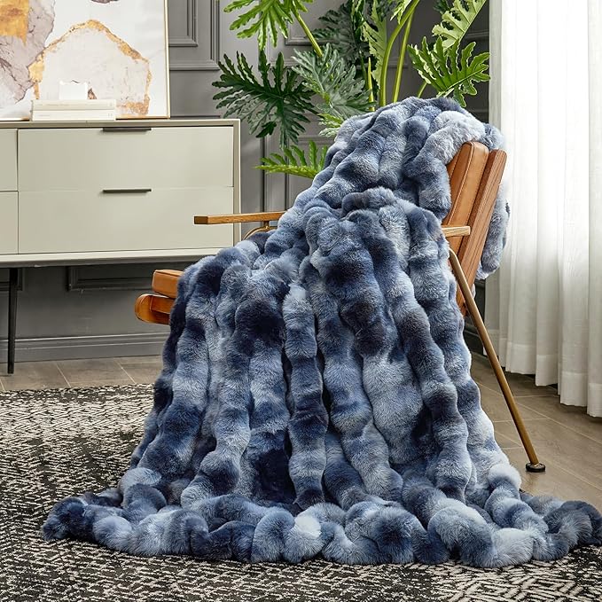 Cozy Bliss Faux Fur Throw Blanket for Couch, Fuzzy Soft Plush Thick Bubble Blanket for Sofa Bedroom Living Room, 60 * 80 Inches Tie-dye Blue