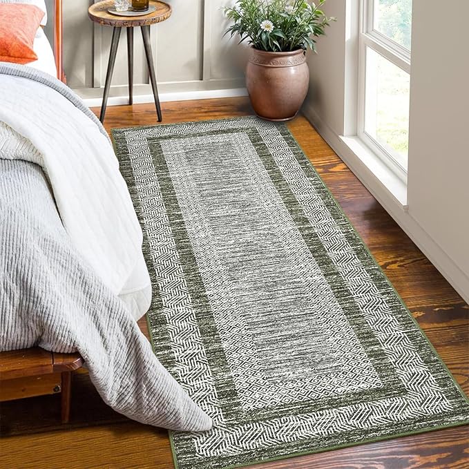 GarveeHome 2x6 Modern Bordered Runner Rug Soft Non Slip Runner Washable Non Shedding Floor Carpet, Distressed Geometric Hallway Runner, Indoor Printed Runner for Kitchen, Entrance, Green