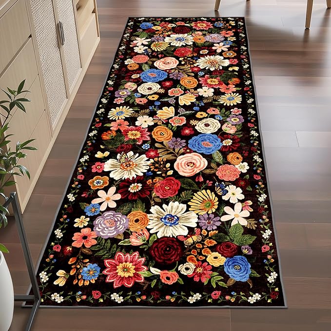 Black/Brown Kitchen Rug 2x6, Non Slip Washable Runner Rugs with Rubber Backing Soft Floral Carpet entryway Runner for Hallways, Kitchen, Laundry, Bedroom, Bathroom (Black/Brown, 2 x 6)