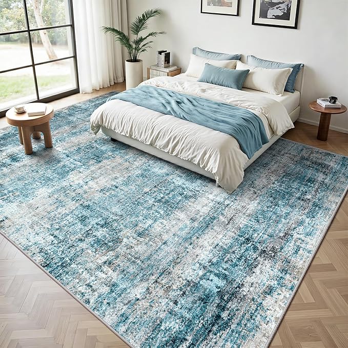 LEPEII 8x10 Area Rugs, Machine Washable Low Pile Rugs for Living Room, Modern Abstract Area Rugs for Bedroom, Large Area Rug with Non-Slip Backing for Dining Room-Blue