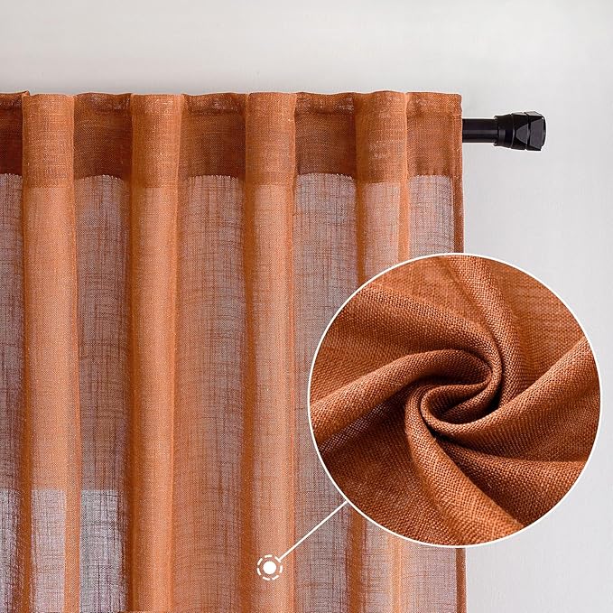 MIULEE Orange Curtains 84 Inch Length 2 Panels for Bedroom Living Room, Soft Thick Linen Textured Window Drapes Semi Sheer Light Filtering Back Tab Rod Pocket Burlap Look Fall Boho Decor
