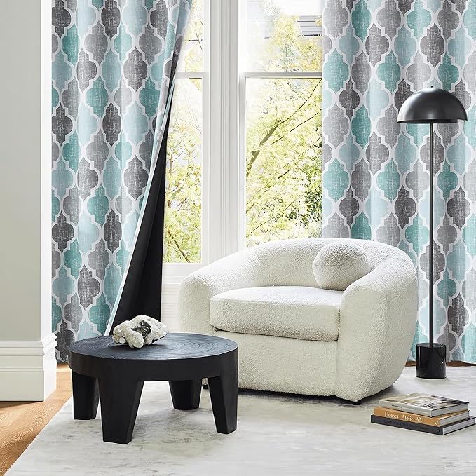 Beauoop 100% Blackout Curtains 63 Inches Long 2 Panels for Bedroom Living Room Aqua Grey Moroccan Geo Room Darkening Thermal Insulated Soundproof Grommet Top Window Treatments Drapes, 50x63 Set of 2