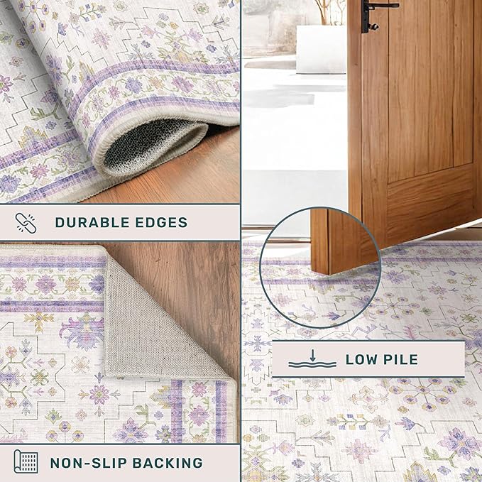 Hazo Haus 6x9 Lavender Rug for Bedroom, Kids Playroom, Non Slip Large Washable Living Room Area Rug, Low Pile Stain Resistant Foldable Boho Fairy Décor