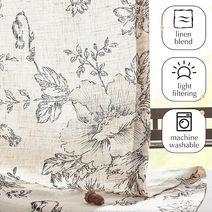 jinchan Pinch Pleated Curtains Floral Linen Blend Curtains for Living Room 96 Inches Length Black Peony Flower Printed Curtain Rod Pocket Back Tab Farmhouse Pinch Pleat Drapes with Hooks Set 2 Panels