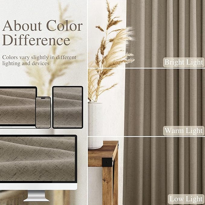Mocha Linen Curtains 96 Inches Long for Living Room Rod Back Tab Vintage Rustic Farmhouse Light Filtering Curtain Burlap Textured Linen Drapes 96 Inch Length for Dinning Room Bedroom 52x96 8 FT