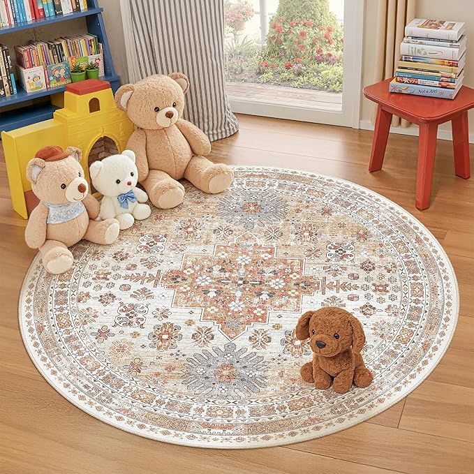 zesthome Washable Round Area Rugs - Non-Slip 6ft Round Rugs, Ultra-Thin Large Circle Rugs for Living Room, Soft Low Pile Rug for Bedroom, Kitchen, Nursery - Vintage Stain Resistant Round Rug