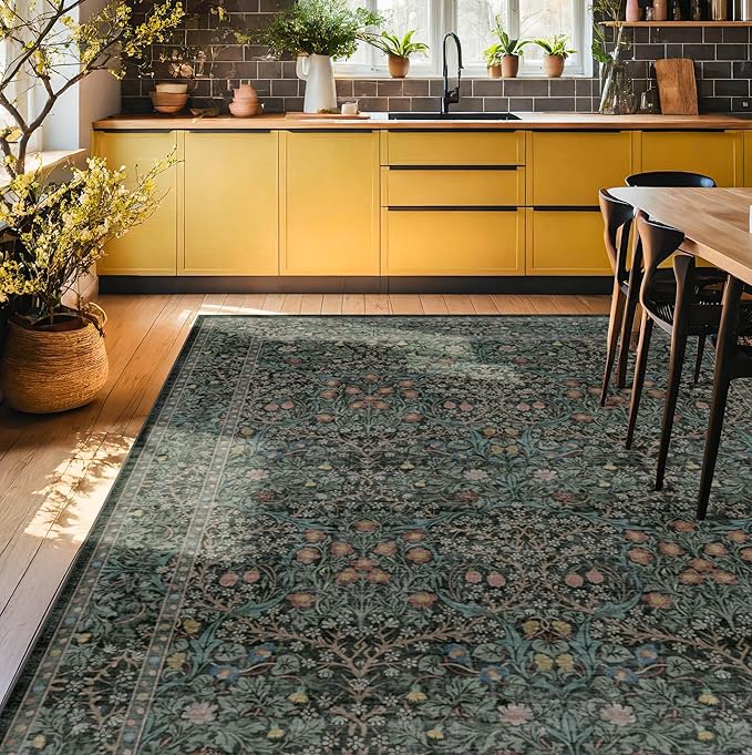 8x12 Area Rug for Living Room - Large Washable Rugs for Bedroom, Dining Room Under Table, Ultra Soft Low Pile Non-Slip Stain Resistant Carpet - Dark Green Vintage Floral Décor