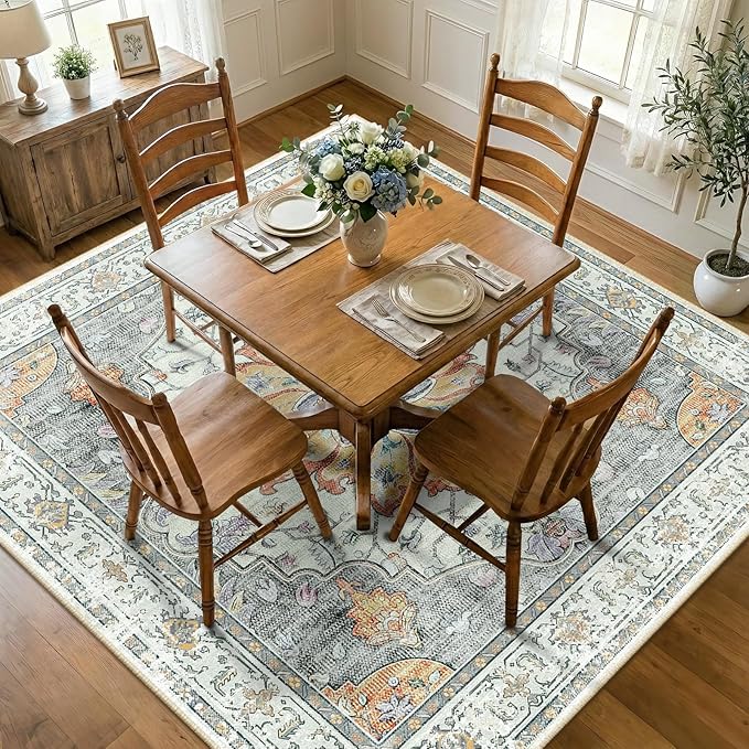 RELEANY Area Rugs Square 8ft Washable Non-Slip, Floral Vintage Distress Print Pattern Medallion Carpet for Living Room Bedroom Dining Room, Light Yellow Carbon Grey Orange