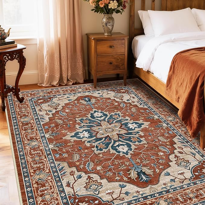 Area Rugs 5'x7' Washable Non-Slip, Floral Vintage Distress Print Pattern Medallion Carpet for Living Room Bedroom Dining Room, Red Orange Blue Brown