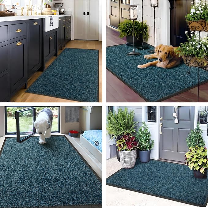 Mibao Front Door Mat, Dirt Trapper Welcome Mat for Outdoor Indoor, Non-Slip Waterproof Doormat, Durable Machine Washable Low Profile Entry Rug for Back Door Outside Patio Porch, 32" x 20", Blue