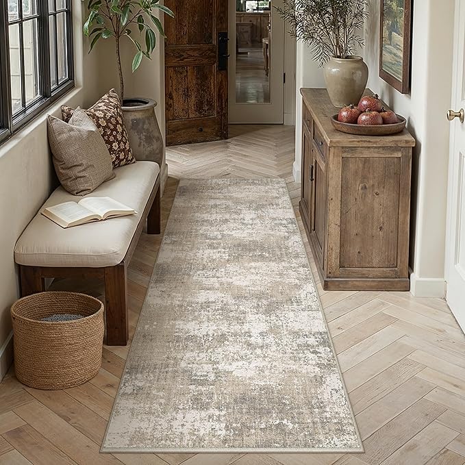 PureCozy Runner Rug 2x8 Beige Machine Washable Modern Abstract Hallway Carpet Non Slip Neutral Long Carpet Low Pile Soft Non Shedding Contemporary Rug for Bathroom Laundry Kitchen Bedroom