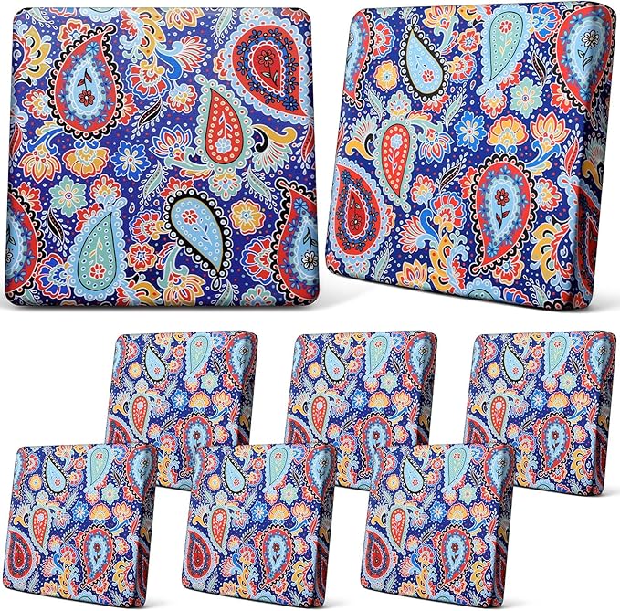Newwiee 8Pcs Patio Cushion Covers Stretch Outdoor Cushion Cover Replacement for Patio Furniture Sofa Couch Slipcovers, Soft Flexibility Washable Furniture Protector(Waterproof Paisley,Vivid Color)