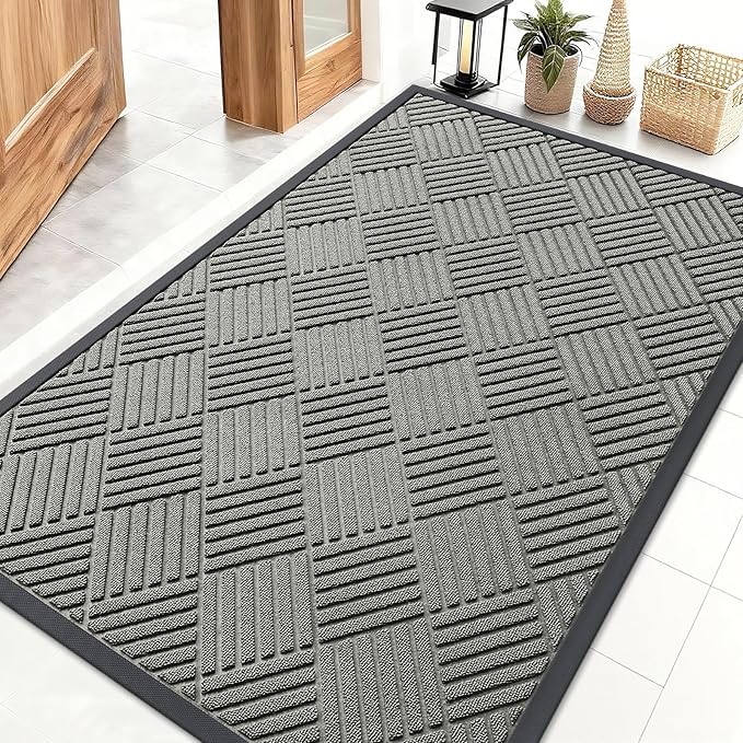 OLANLY Front Door Mat Outside Entrance 47x32, Absorbent, Heavy Duty Sturdy Natural Rubber Doormat Indoor Outdoor, Stain Fade Resistant, Non-Slip Low Profile Floor Mat for Entryway, Modern Gray Diamond
