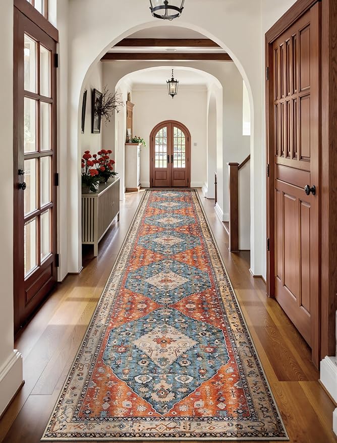 SERISSA Runner Rug for Hallways, 2'6"x16' Washable Non Slip Kitchen Runner Rug, Extra Long Boho Rug Ultra Soft Vintage Tribal Print Floor Carpet for Bedroom Hallway Entryway Bathroom Laundry Room
