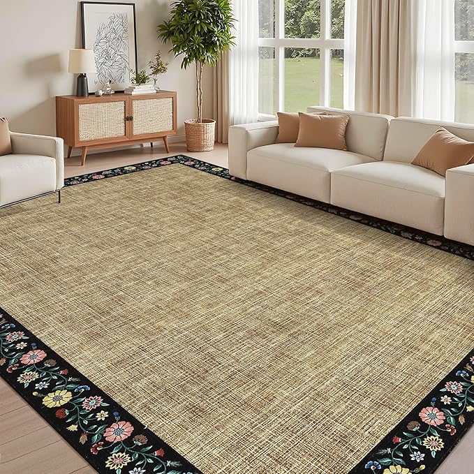 GarveeHome Washable Rugs for Living ROM 8 x 10 Large Area Rug Farmhouse Floral Bordered Bedroom Carpet Indoor Non-Slip Nursery Mat Soft Non Shedding Stain Resistant Carpet for Dining Room, Brown