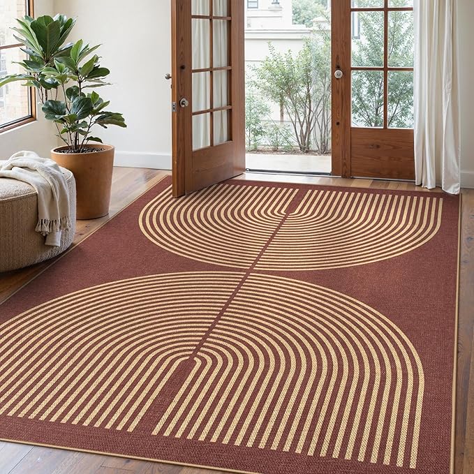 Lahome Enfys Modern Rainbow Easy Jute Outdoor Rug 5x7, Stain Resistant Red Dining Room Patio Rug, Farmhouse Non Slip Non Shedding Indoor Outdoor Carpet for Living Room Office Bedroom Deck Backyard