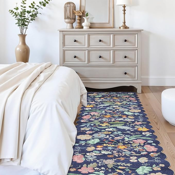 Washable 2'6x12 Hallway Runner Rug: Entryway Non Slip Floral Rug Farmhouse Soft Stain Resistant Carpet for Kitchen Bathroom Bedroom Low Pile Pet Friendly Floor Mat for Living Room(2'6x12/Purple)