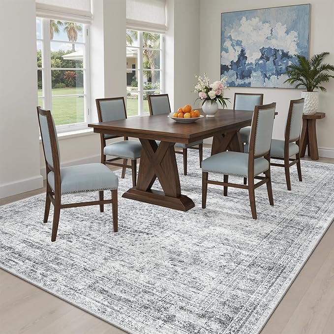 5x7 Area Rugs Gray Low Pile Indoor Washable Trendy Faded Style Rugs for Bedroom Living Room Dining Room Foldable Non-Slip Thin Grey Print Mat