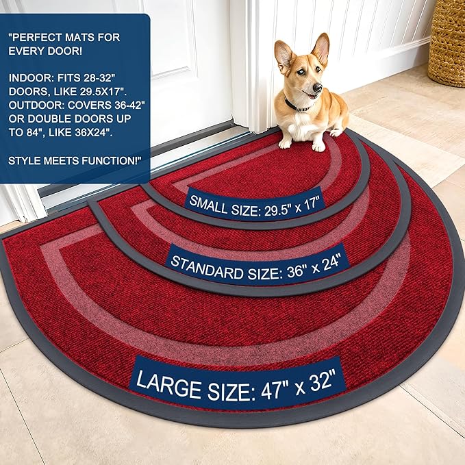 OLANLY Half Circle Door Mat Indoor Outdoor Entrance Welcome, Waterproof All-Season, All-Weather Doormat, Sturdy Natural Rubber, Low Profile, Easy Clean Patio Porch Entryway Mat, 33x21, Win Red