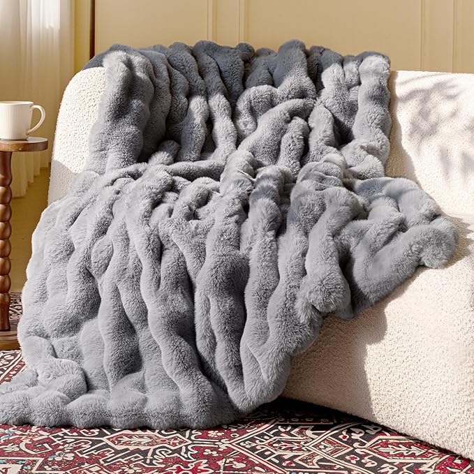 Ultra Soft Cozy Faux Fur Throw Blanket, Fuzzy Plush Thick Bubble Blanket, Oversize Luxury Fluffy Blanket for Couch, Bed, and Living Room, 50x60 Inches, Light Grey
