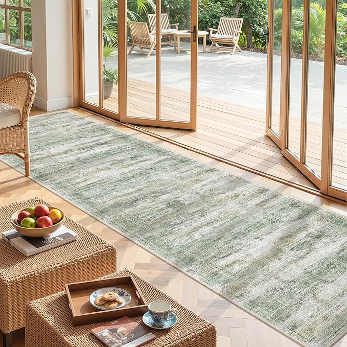 Long Rugs Runner - Washable Runner Rugs for Hallway 2x10, Ultra-Thin Soft Kitchen Carpet Runner, Anti Slip Backing Runner Rugs for Entrance, Bedroom, Living Room(2'x10', Green/Yellow/Ivory)