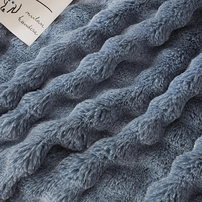 COOVA Faux Fur Throw Blanket for Couch, Cozy Soft and Fuzzy Plush Rabbit Fur Bubble Blanket for Sofa Bedroom Living Room, 50x60 Inches Cationic Dark Blue