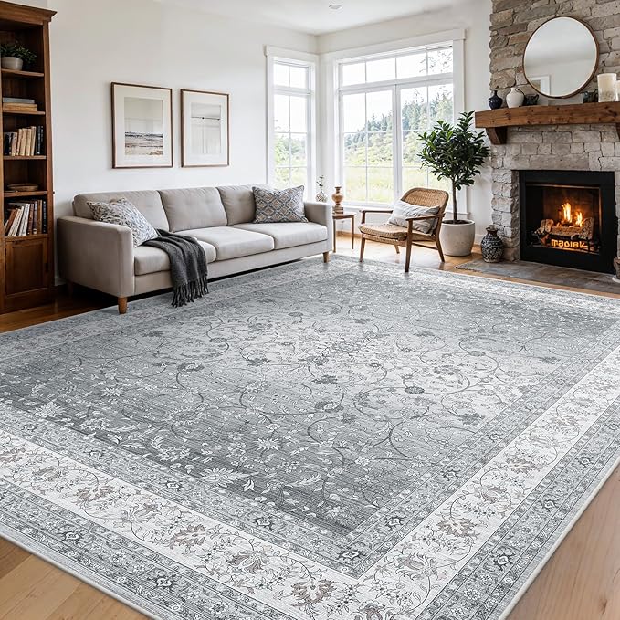 AMADA HOMEFURNISHING 8x10 Area Rugs, Washable Living Room Rug with Non-Slip Backing, Low Pile and Durable Edge Binding, Soft Vintage Floral Rugs for Living Room, Bedroom, Dining Room