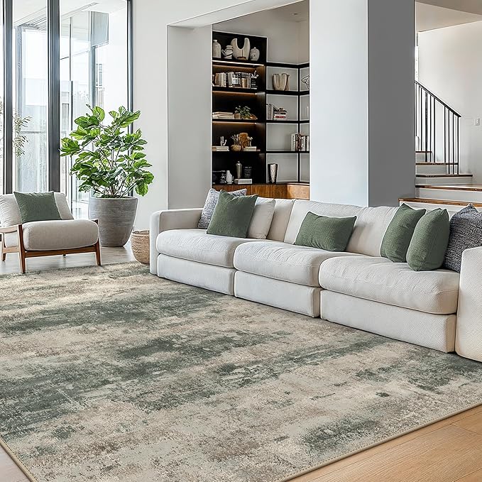 BEIMO Area Rugs 9x12 for Living Room Bedroom, Modern Abstract Machine Washable Rug, Large Soft Low Pile Floor Cover with Non Slip Backing for Dining Room, Grey/Dark Green