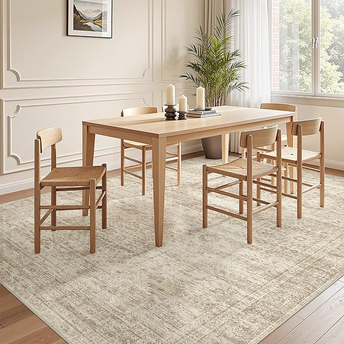 5x7 Area Rugs, Ultra-Thin Washable Rugs for Living Room, Anti-Slip Backing Area Rug for Bedroom, Soft Abstract Vintage Home Decor Rug for Dining Room(5'x7', Beige/Ivory)