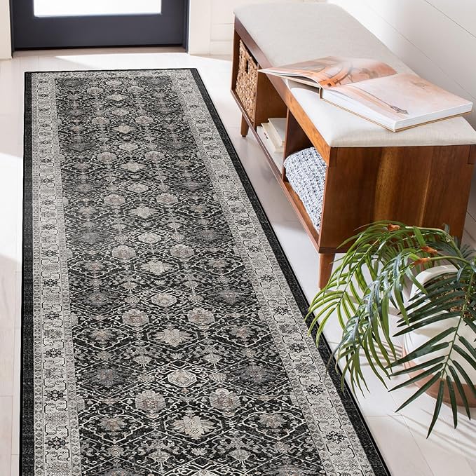 Hallway Washable Runner Rug - 2'6x14 Kitchen Rugs Entryway Rug Runner Vintage Soft Floor Mat Non Slip Indoor Farmhouse Carpet for Bathroom Living Room Bedroom (2'6''x14', Black)