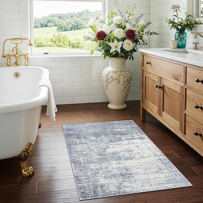 Washable 2x3 Entryway Area Rug: Modern Abstract Neutral Kitchen Rug Vintage Soft Floor Mat for Stove & Sink Area Non-Slip Indoor Farmhouse Carpet for Bathroom Bedroom Boho Beside Rug(2x3,Blue/Ivory)