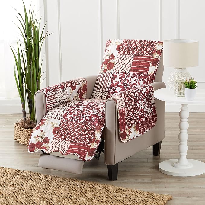 Great Bay Home Reversible Patchwork Recliner Cover - Washable Slipcover Furniture Protector with Elastic Straps - Perfect for Kids & Pets - Box-Stitched Detail (Burgundy)