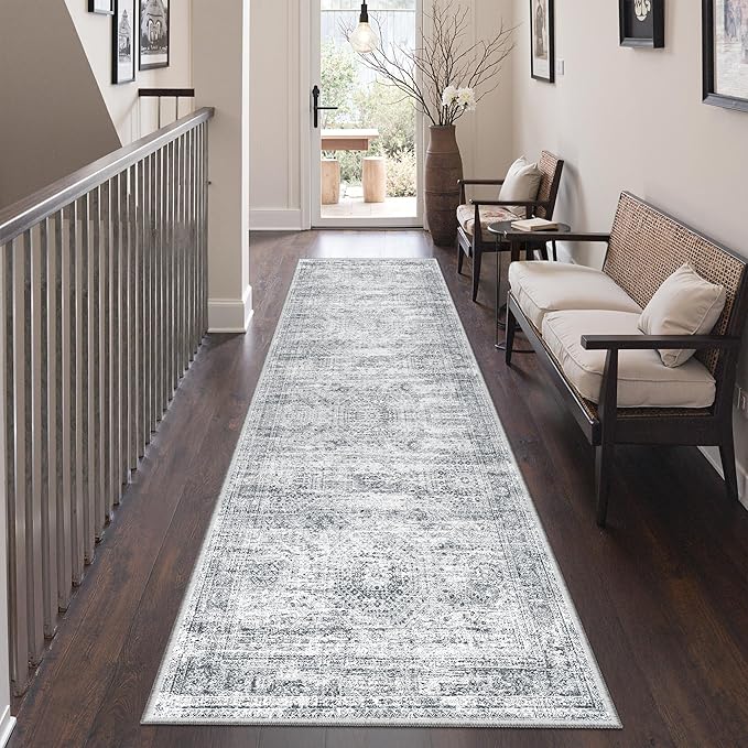 Kitchen Runner Rug Non Slip - 2.5 x 8 Runners for Hallways, Entryway, Bedroom, Washable Runner Rugs for Bathroom, Laundry Room, Low Pile Soft Vintage Area Rug(2.5'x8', Grey/Ivory)