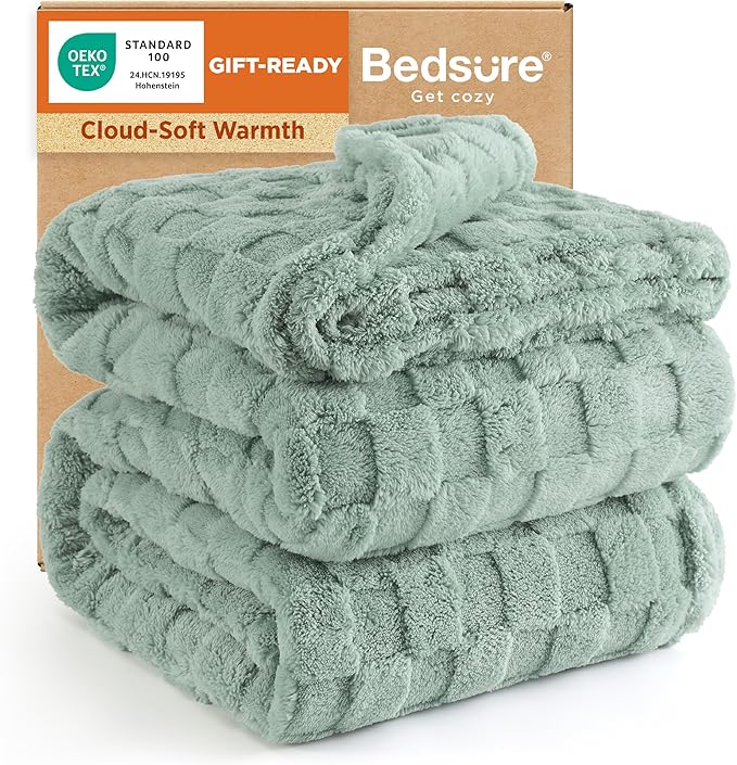 Bedsure GentleSoft Blankets Queen Size for Bed - Super Soft Cozy Blanket for Kids Girls, Large Fuzzy Fleece Spring Throw for Bedroom Decor, Sage Green, 90x90 Inches