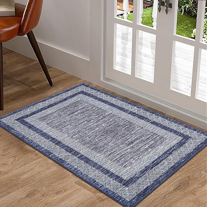 GarveeHome Modern Geometric Area Rug 2x3 Distressed Bordered Washable Non Slip Floor Small Carpet Non Shedding Thin Soft Low Pile Rug, Contemporary Navy Blue Rug for Dining Room, Living Room