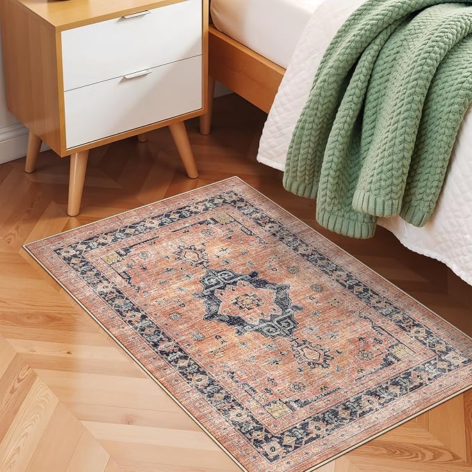Washable 2x3 Small Area Rug: Vintage Indoor Soft Non Slip Door Mat Stain Resistant Carpet for Bedroom Living Room Light Weight Floor Mat for Kitchen Bathroom - Perfect for Homes with Pets (2x3,Orange)