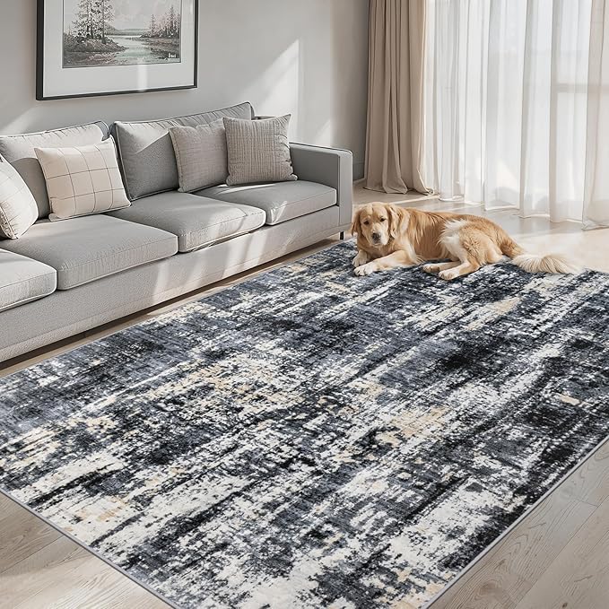 Area Rugs Living Room Rug - 5x7 Washable Modern Abstract Soft Neutral Non-Slip Carpet Large Indoor Floor Thin Carpets for Bedroom Dining Room Farmhouse Nursery Home Office Black Gold