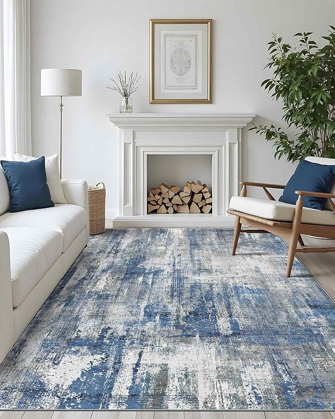 Latte&Fog 8x10 Area Rugs for Living Room, Large Blue Modern Abstract Washable Rug, Boho Non Slip Low Pile Carpet for Bedroom Dining Room, Office, Dorm, Classroom, Farmhouse and Kids Room - Blue Grey