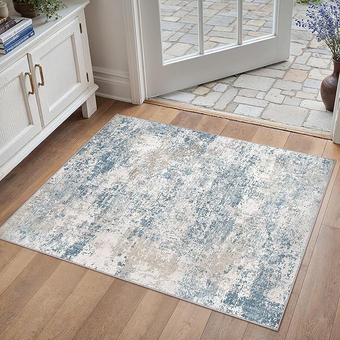 Blue 2x3 Area Rug Washable Abstract Entryway Carpet Modern Neutral Non Slip Door Mat Soft Low Pile Contemporary Aesthetic Small Bedroom Throw Rug for Kitchen Laundry Dining Room